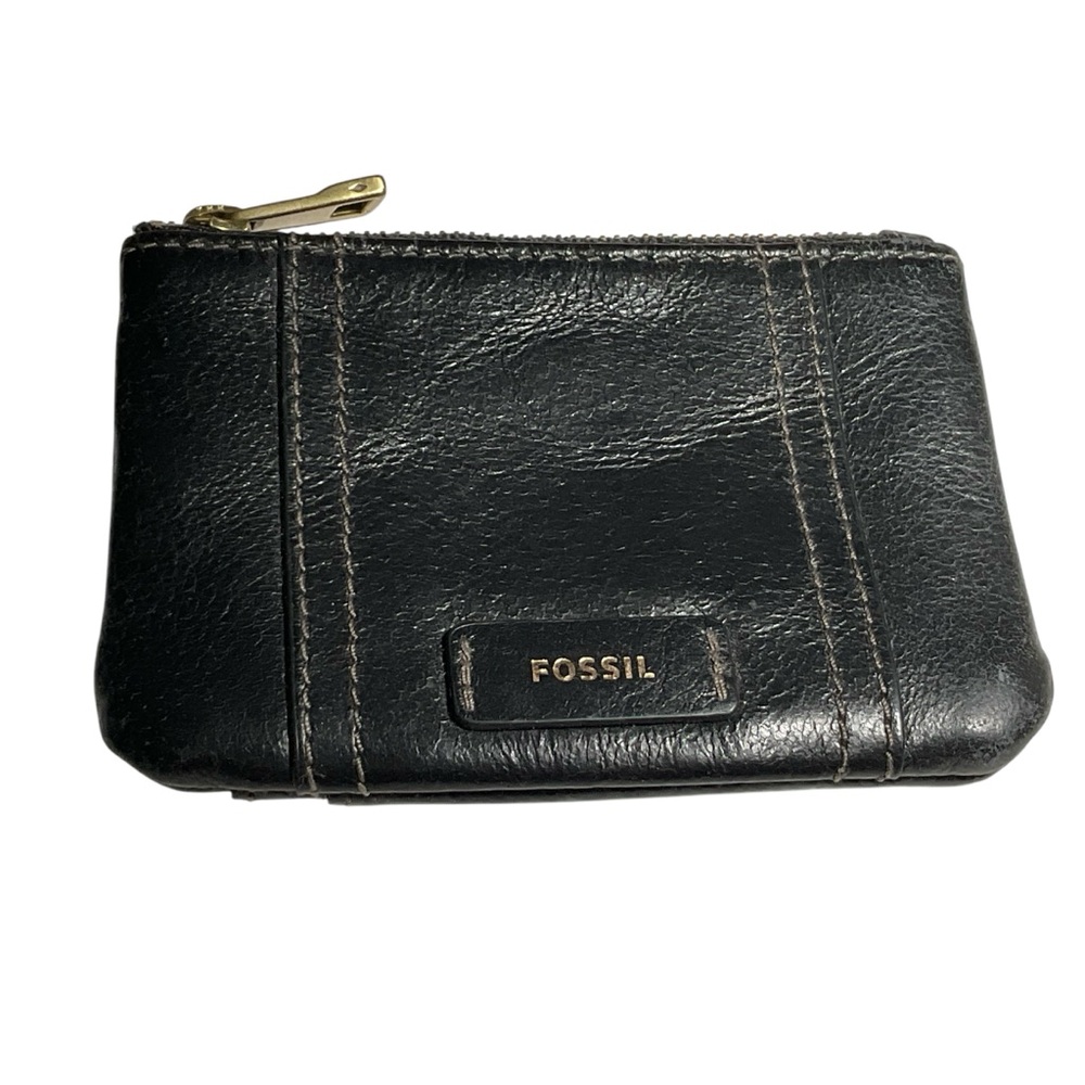 Fossil black leather change purse with key ring